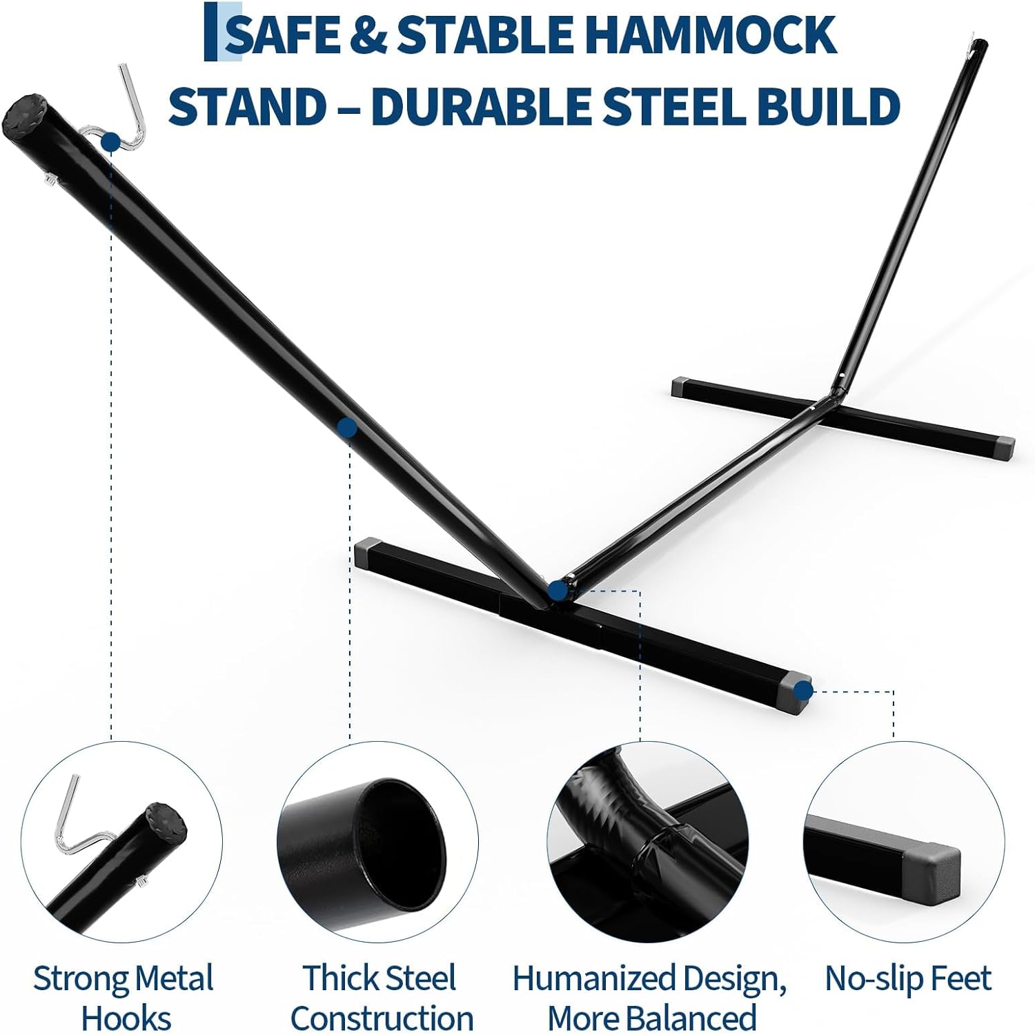Suporte para rede 12FT em aço resistente para 2 pessoas – Resistente às intempéries, portátil, capacidade 204 kg, jardim e terraço, preto - 5