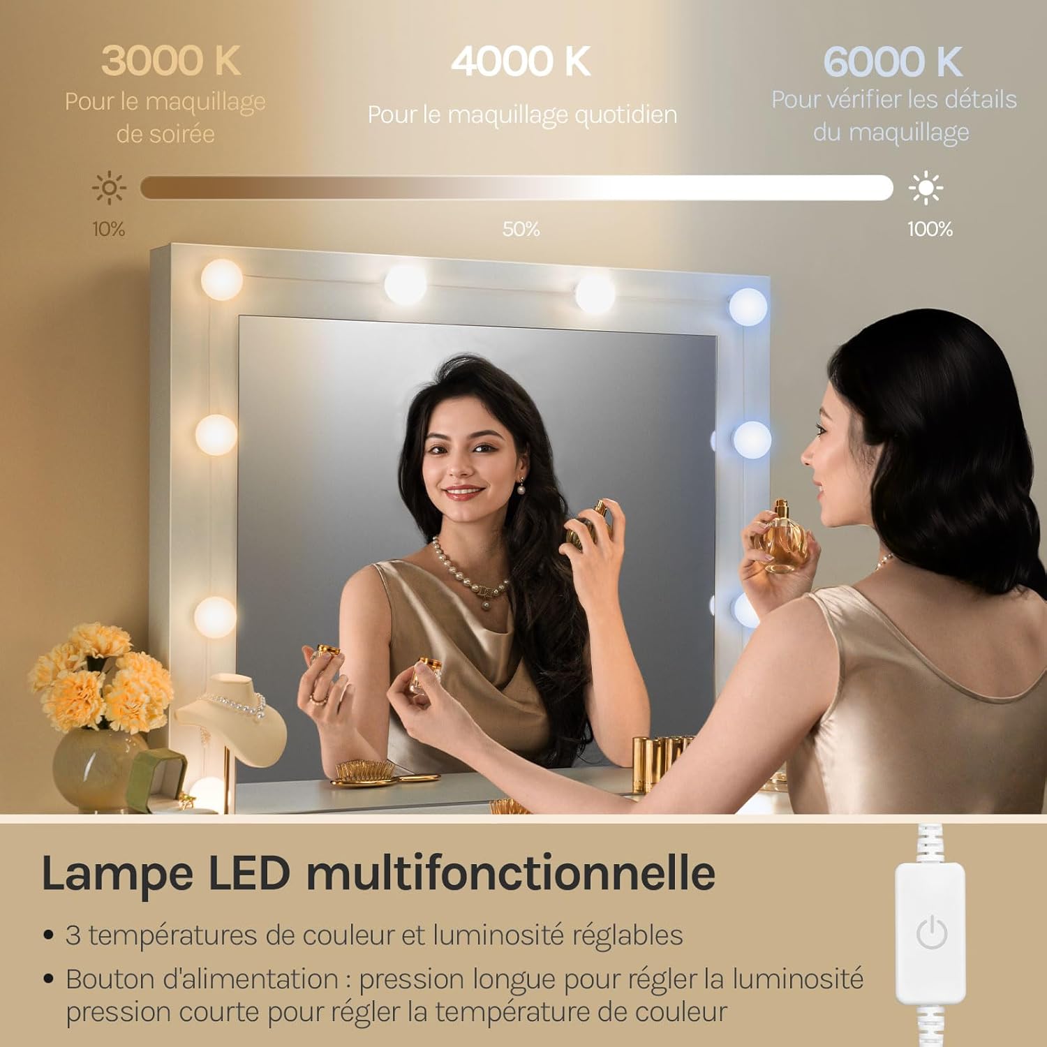 Coiffeuse avec miroir LED en Bois Blanc H. 140.5 x l. 39.5 x P. 39.5 cm - 3