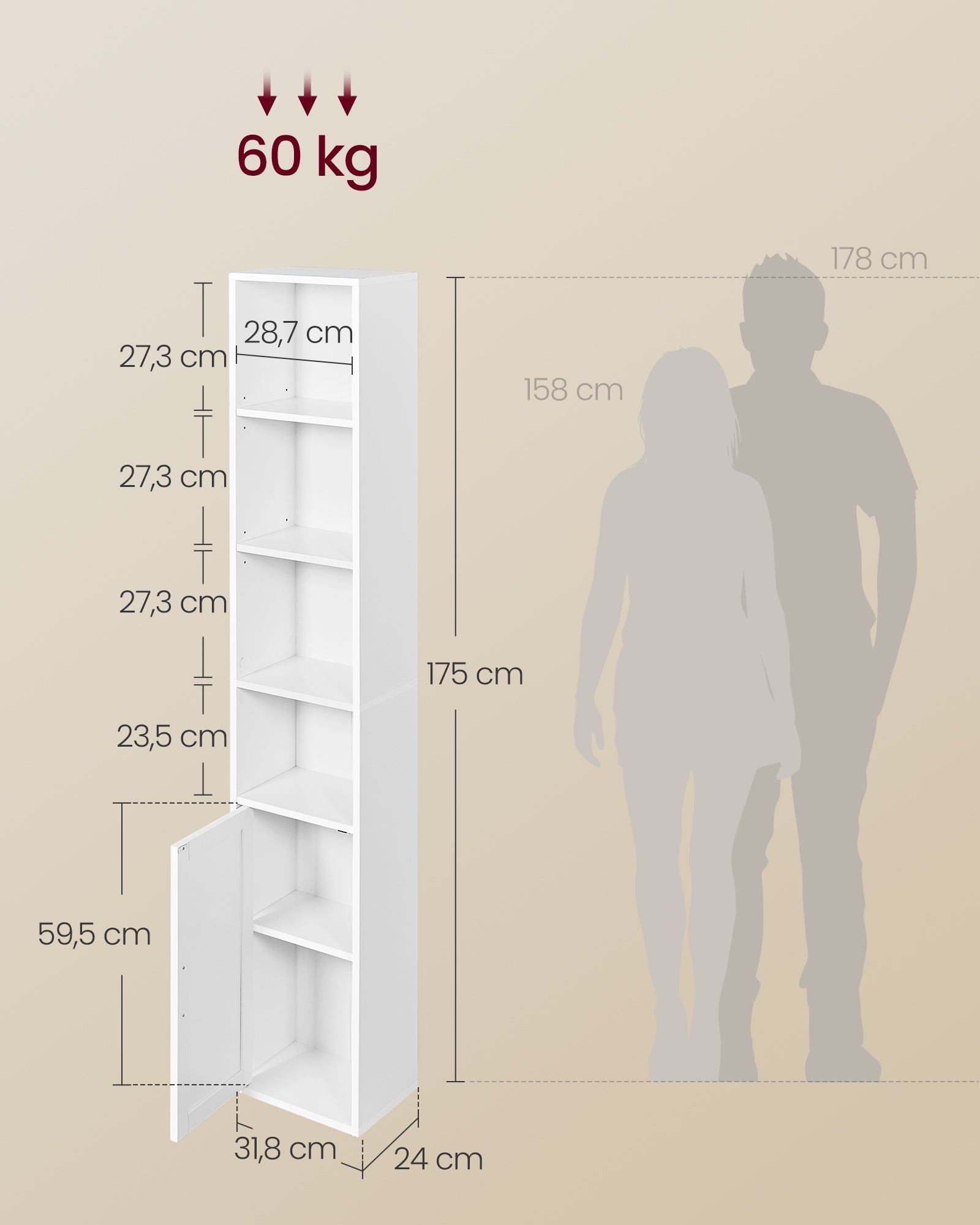 Bibliothèque, Étagère Haute sur 6 Niveaux, avec Porte, Meuble de Rangement Ouvert, 24 x 31,8 x 175 cm, pour Salon, Bureau, Salle à Manger, Blanc Nuage - 5