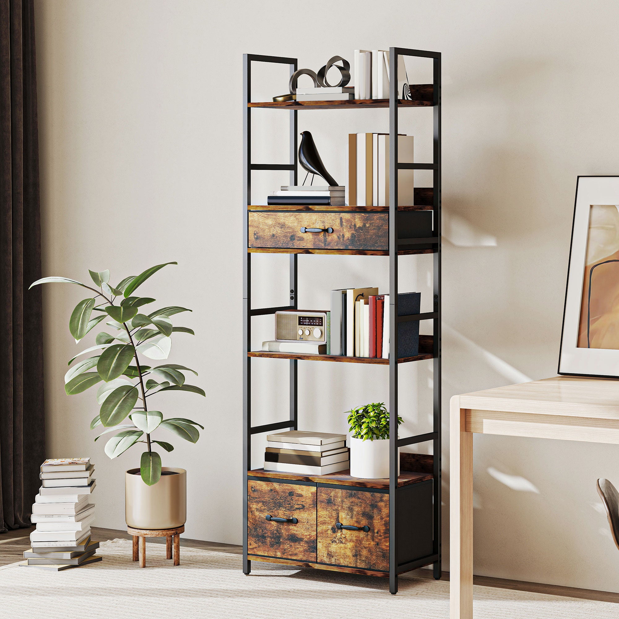Bibliothèque étagère de rangement à 6 niveaux avec 4 étagères, 3 ...