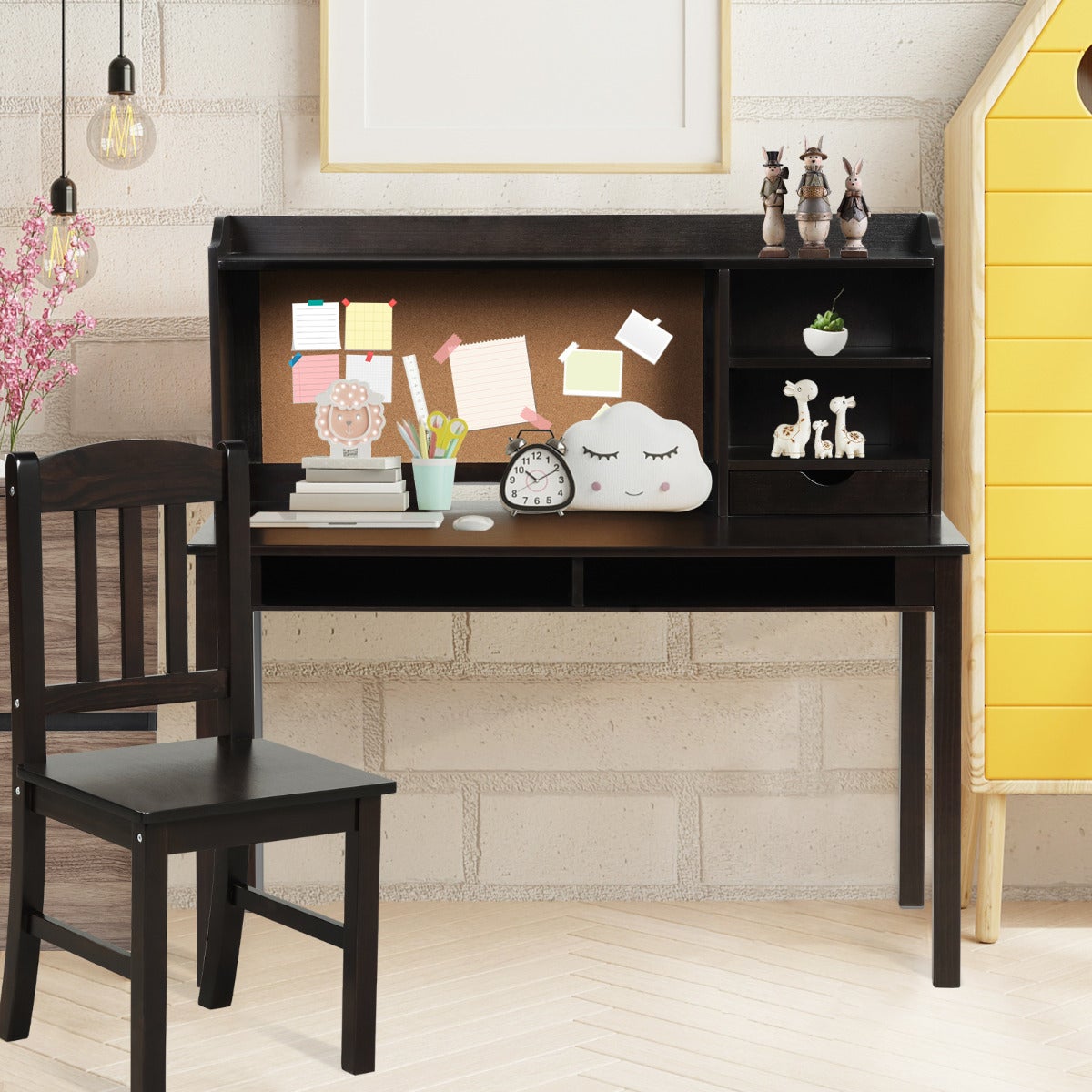 Conjunto mesa escritorio infantil con silla cajones y estantes - mueble estudio niños marron