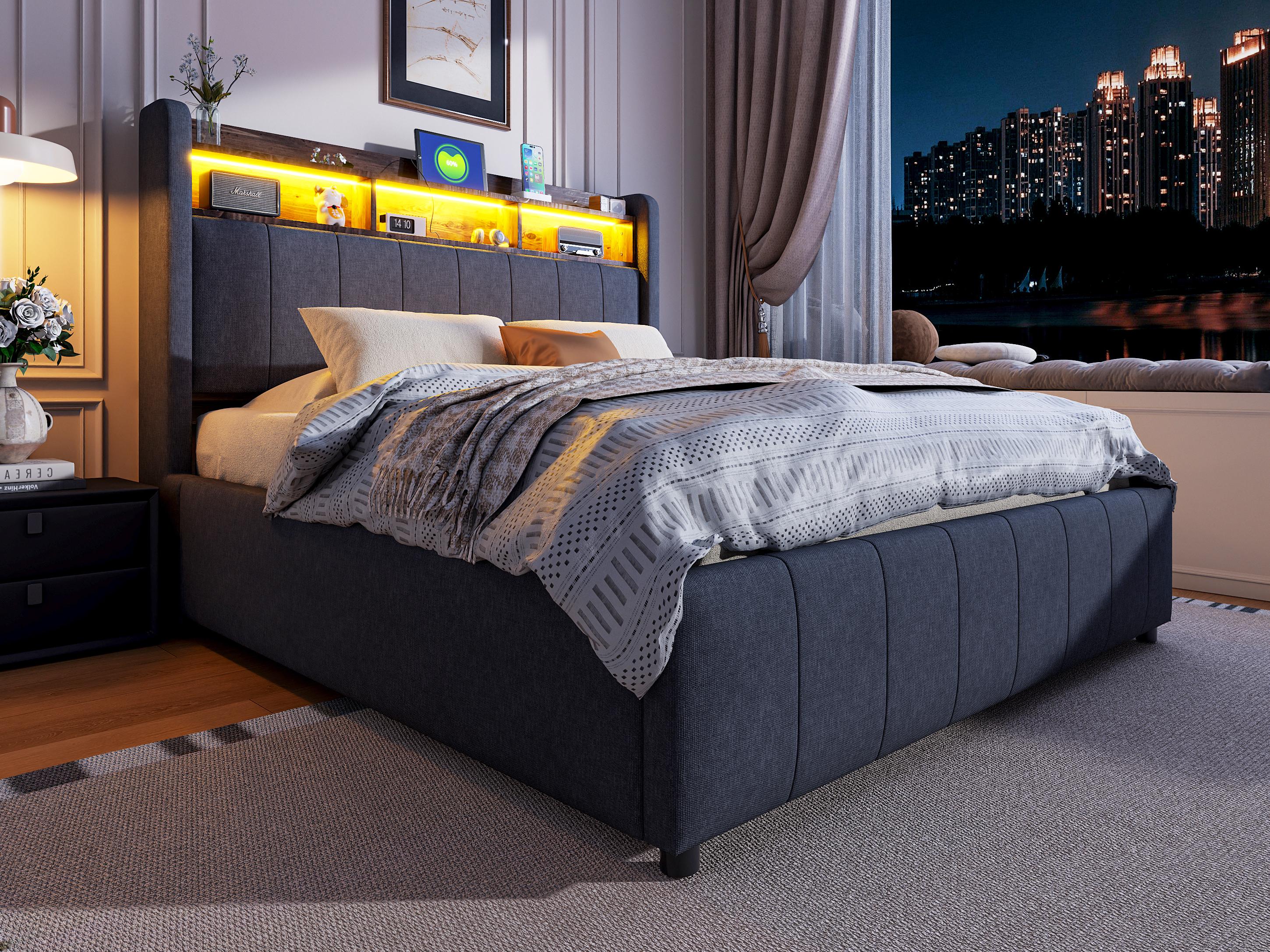Lniane tapicerowane łóżko do przechowywania 140x200cm - z LED + gniazdka - Szary