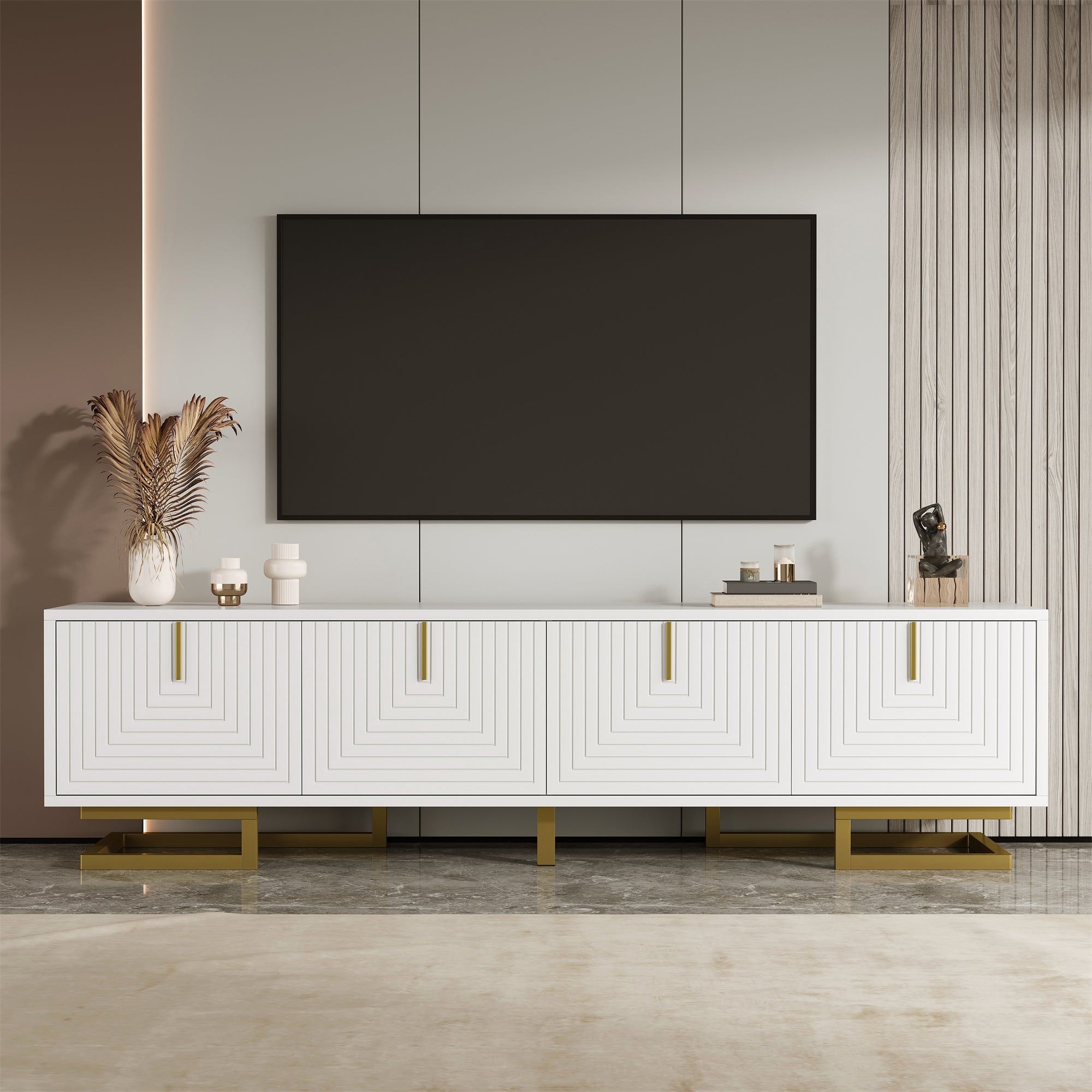 Szafka RTV z 4 drzwiami - 160 x 38 x 44,5 cm - Złote uchwyty i nóżki - Płyta wiórowa - Biała