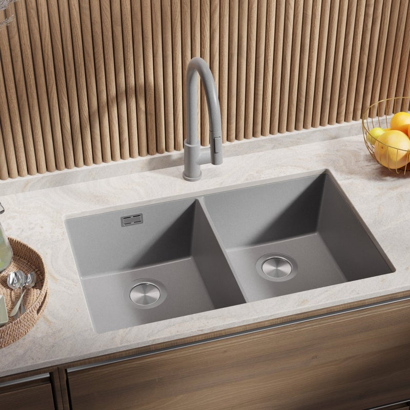 Zlewozmywak podblatowy Szary 76x47cm, Zlew Kuchenny 2 Komorowy + Syfon, do szafki od 80cm - Londyn Twin PRIMAGRAN
