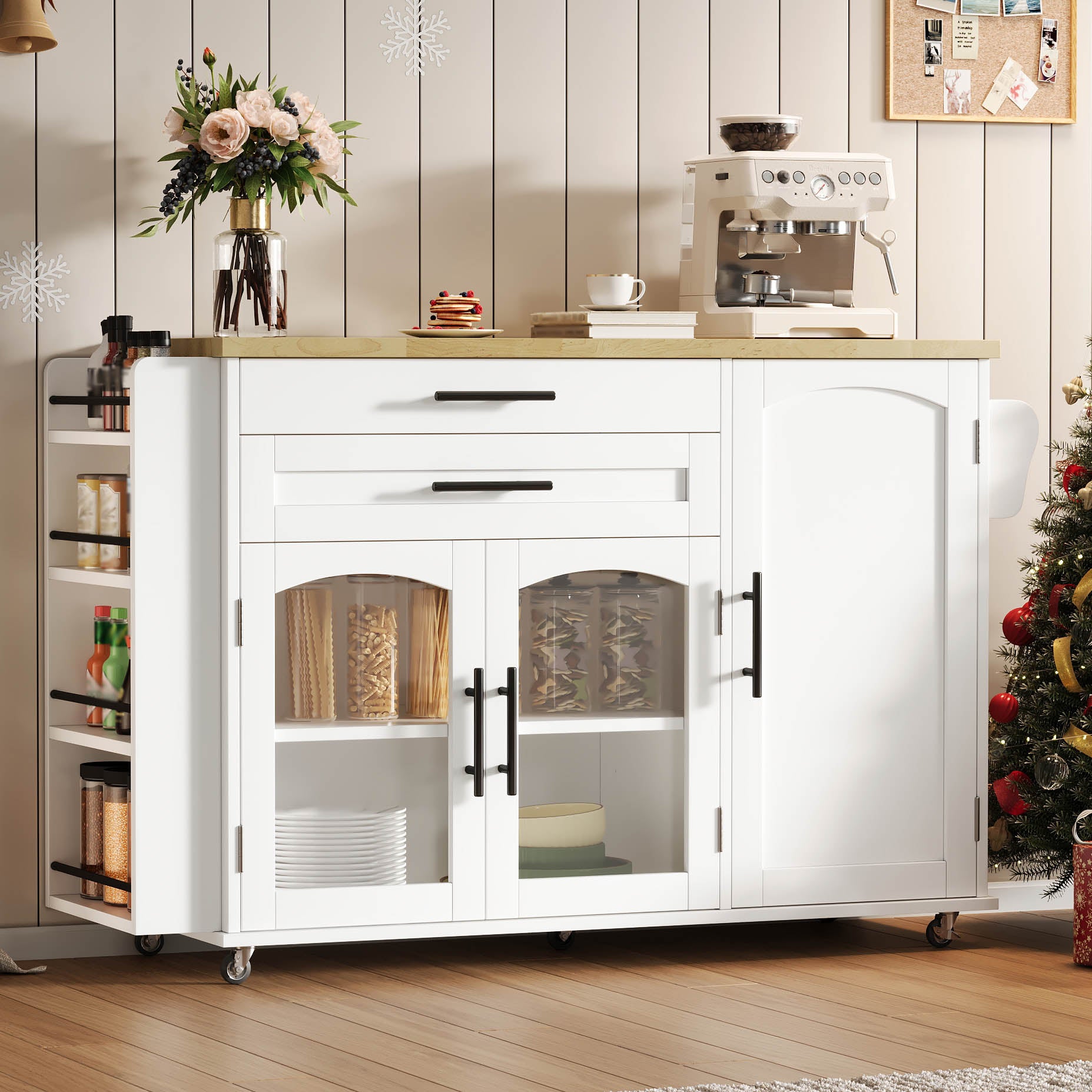 Isla de cocina móvil central - mesa de comedor plegable - con espacio de almacenamiento y estante para especias - con ruedas - blanco