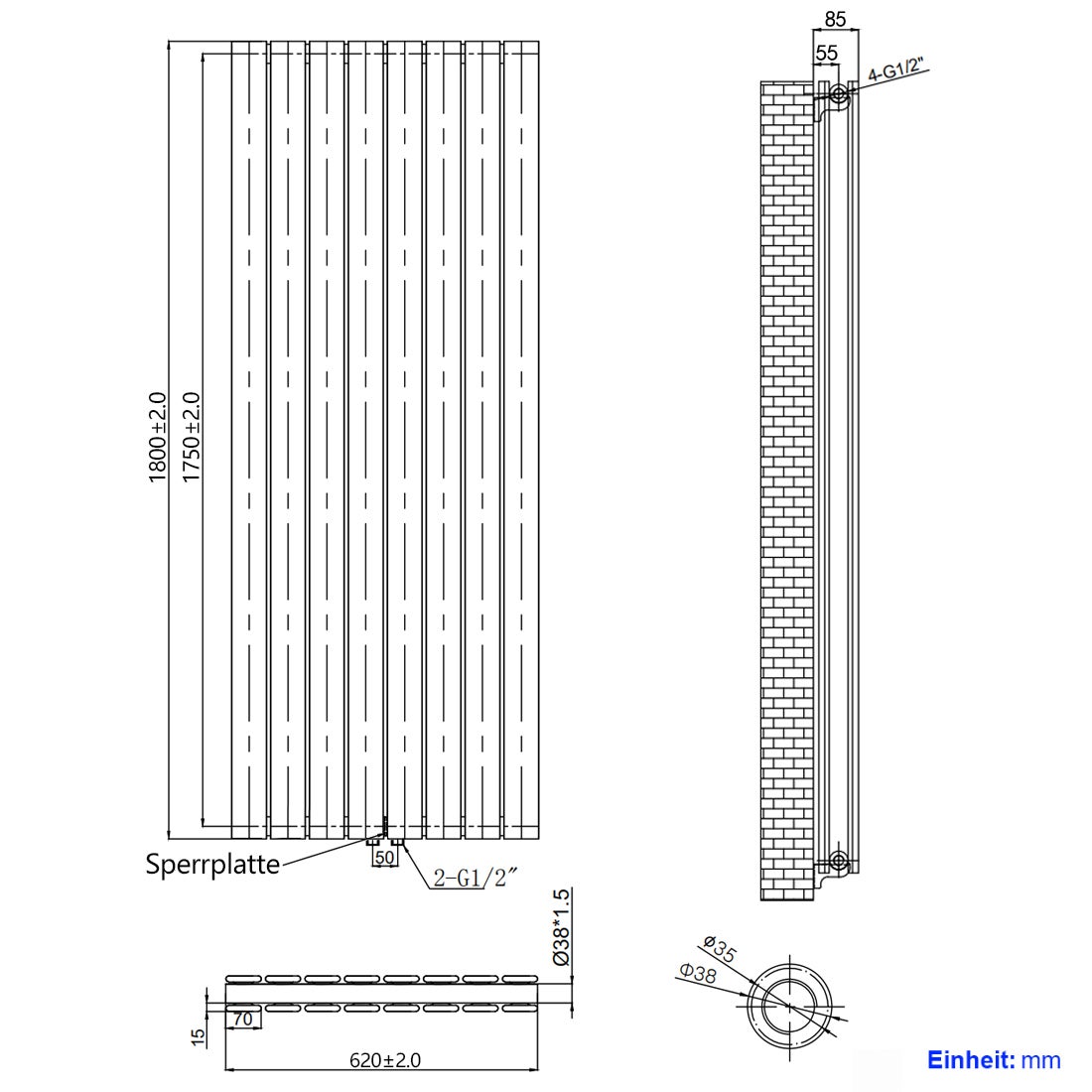 EMKE Radiateur eau chaude en acier 180x61cm 2227W Radiateur plat Double couche connexion centrale Montage mural, Anthracite - 7