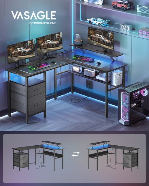 Bureau D'Angle Gaming CubiCubi Avec LED RGB, Prises Électriques, Support Écran – 105.5 X 80 Cm, Marron Rustique, Réversible Bureau Gamer Bureau D'Angle Gaming CubiCubi Avec LED RGB, Prises Électriques, Support Écran – 105.5 X 80 Cm, Marron Rustique, Réversible Bureau Gamer