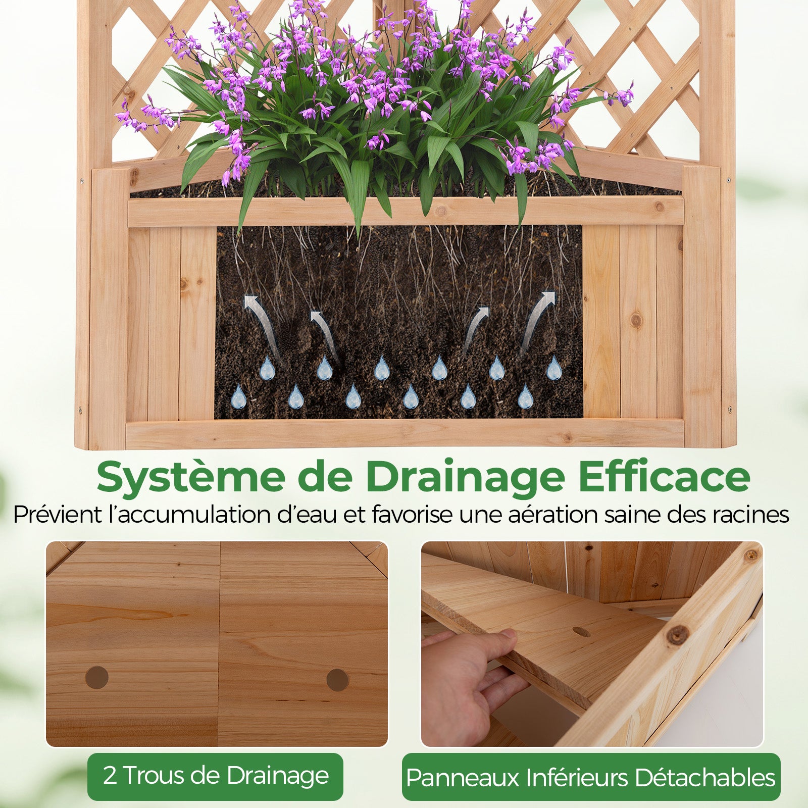 Jardinière Surélevée d'Angle avec Treillis, Trous de Drainage, Jardinière en Bois de Sapin de 140 cm de Haut pour Plantes Grimpantes, Légumes, Fleurs - 5
