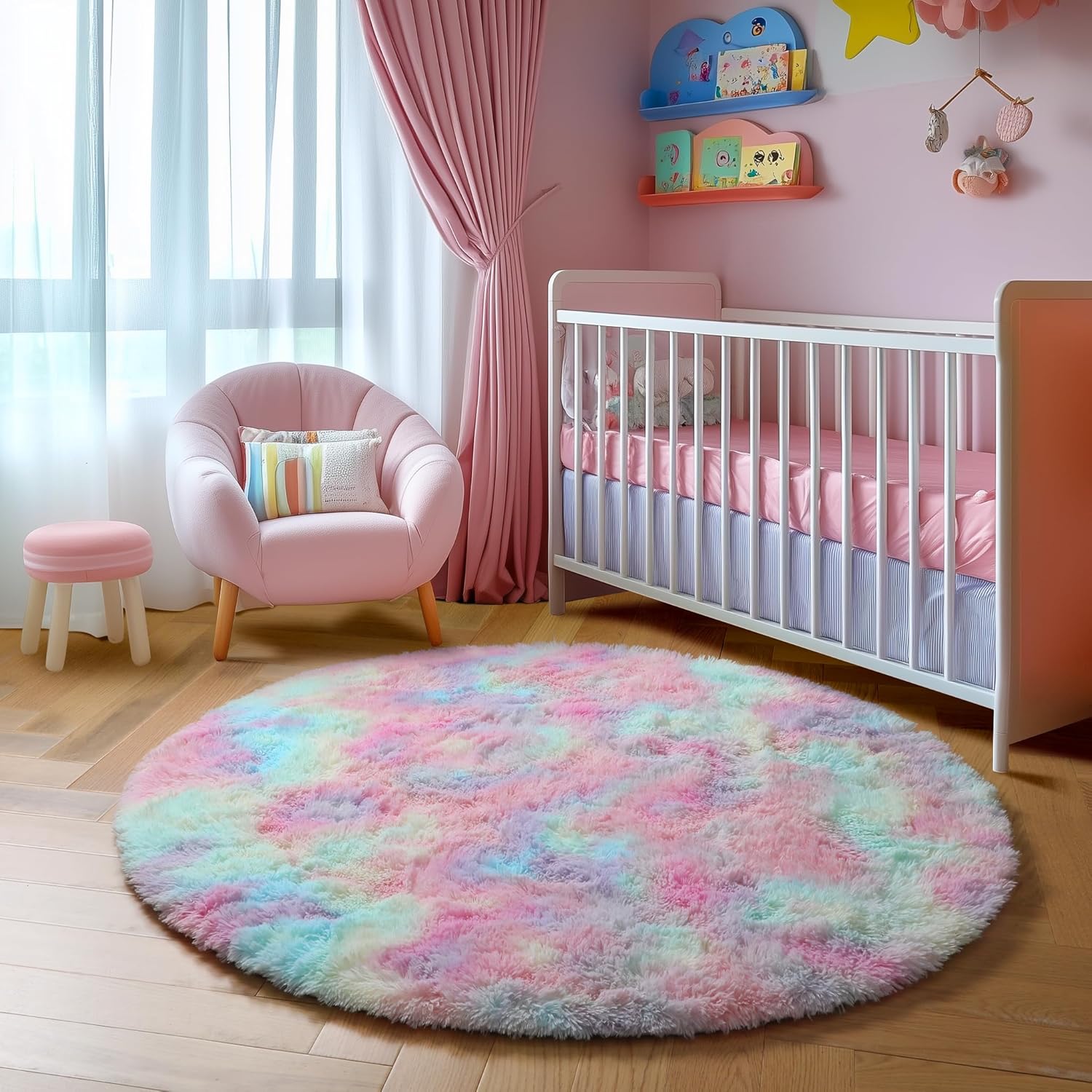 Tapis rond arc-en-ciel moelleux pour chambre de , doux et moelleux pour chambre de bébé ou salle de jeux, 1,2 m - 3