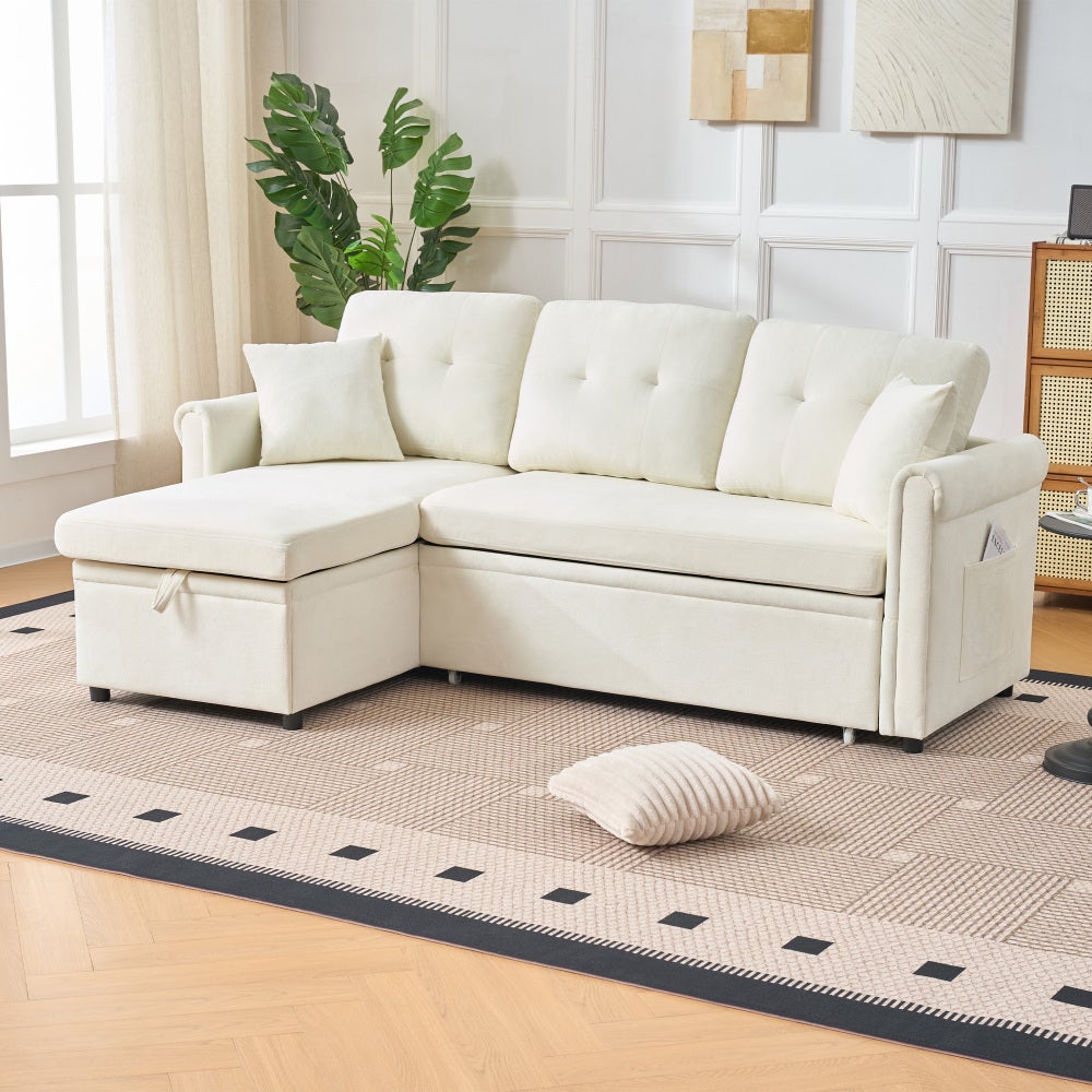 Narożnik ze schowkiem, w kształcie litery L, z tkaniny szenilowej, z funkcją spania, możliwość montażu z obu stron, beżowy