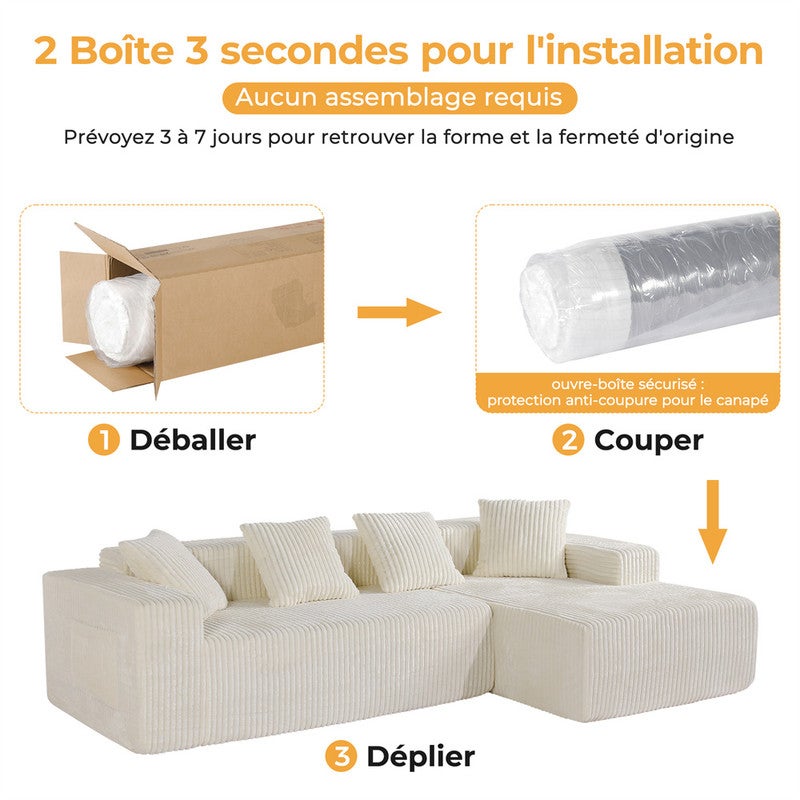 DRIPEX Canapé d'angle droit en velours côtelé avec 4 coussins,Canapé Modulable 4 places avec méridienne en L,261×156×80cm,Beige - 5