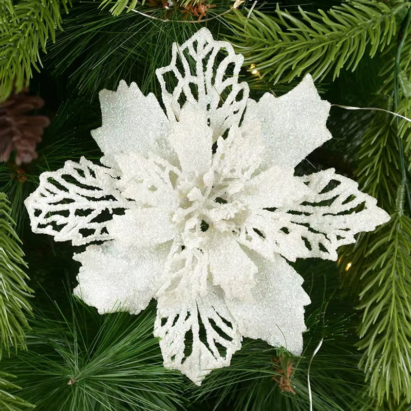 10 pezzi di decorazioni natalizie, fiori artificiali natalizi con clip, decorazioni scintillanti per l'albero di Natale, pendenti natalizi - 5