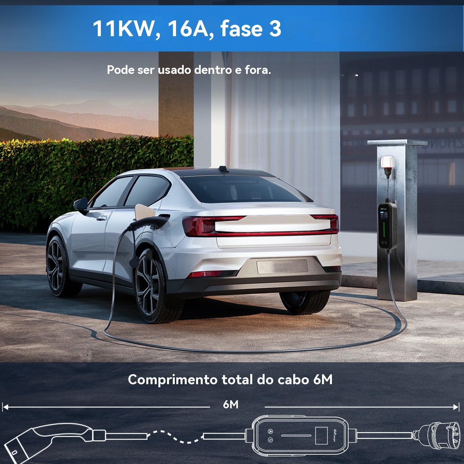 Carregador para Veículos Elétricos 11 kW 16A Trifásico Tipo 2 - Cabo de 6m com tomada CEE 7/7 Adaptador, LCD, Certificação IEC62196 & IP65 - 2