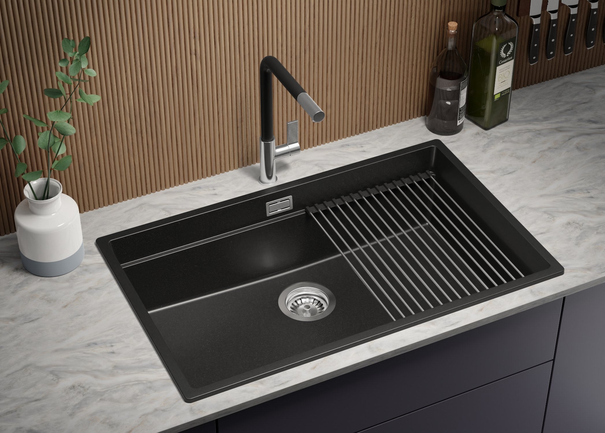 Lavandino da Cucina Nero 76x47cm, Lavello in Granito a 1 vasca + Sifone Classico + Accessori, Lavabo da Cucina Incasso al mobile 80cm PRIMAGRAN - 2