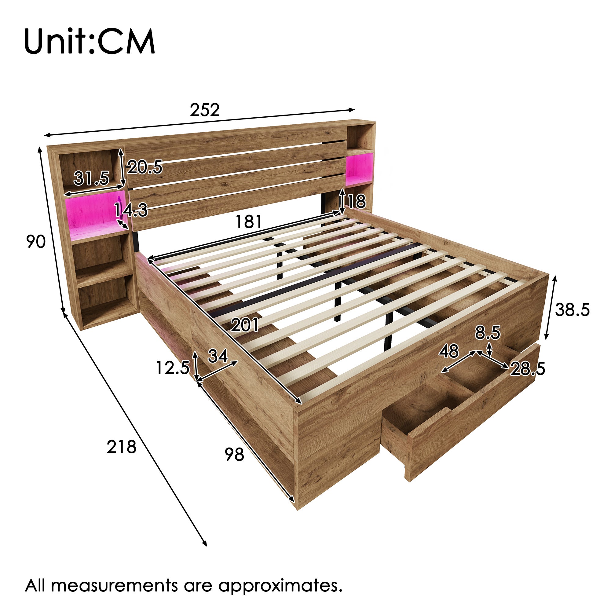 Lit Double 180x200 avec LED et USBC, Lit Industriel avec tête de lit et tiroirs de Rangement, Chêne (Sans Matelas) - 4