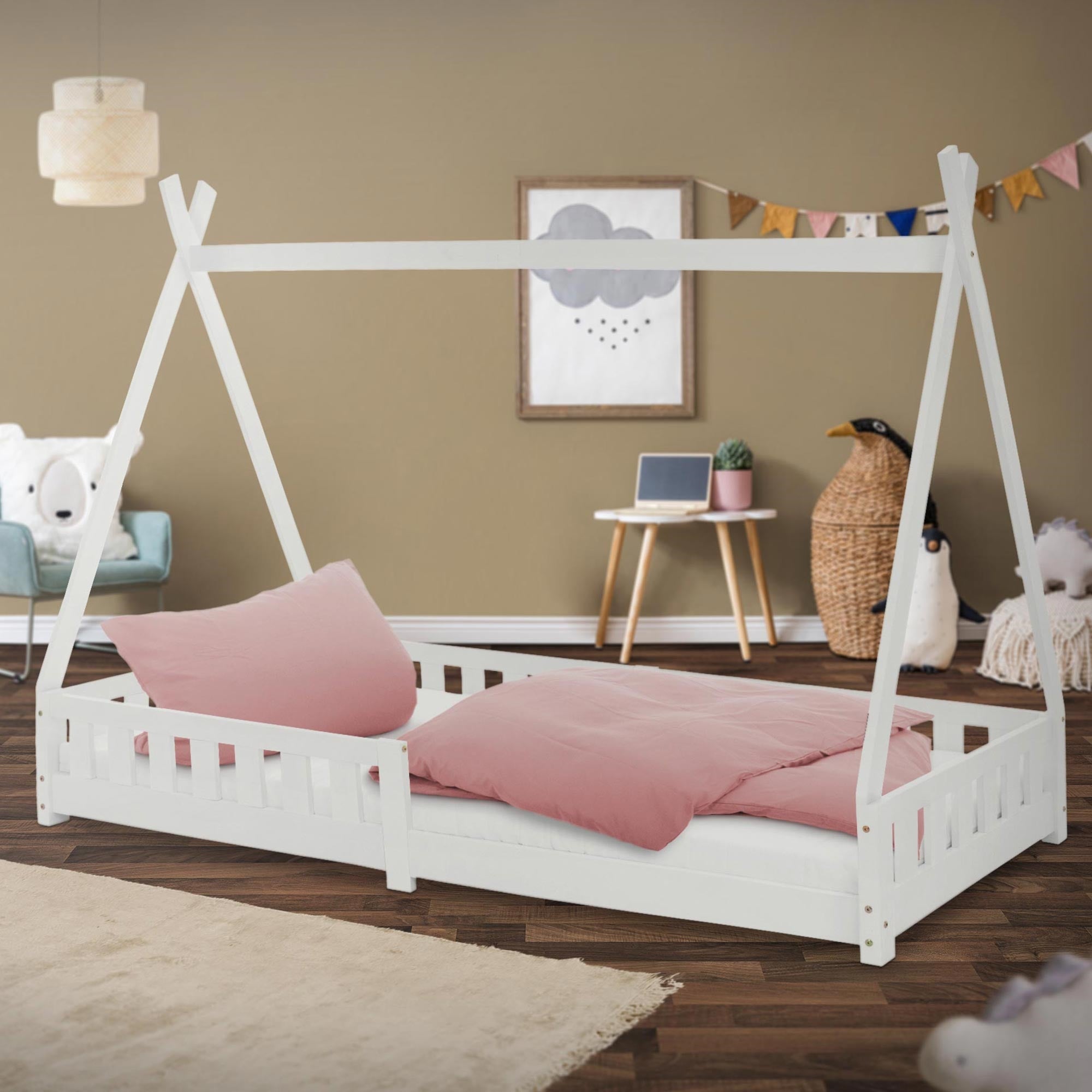 ML-Design łóżko tipi 90x200 cm biały pat indian z barierką i stelażem z listew wykonane z litego drewna sosnowego dla dziewczynek i chłopców