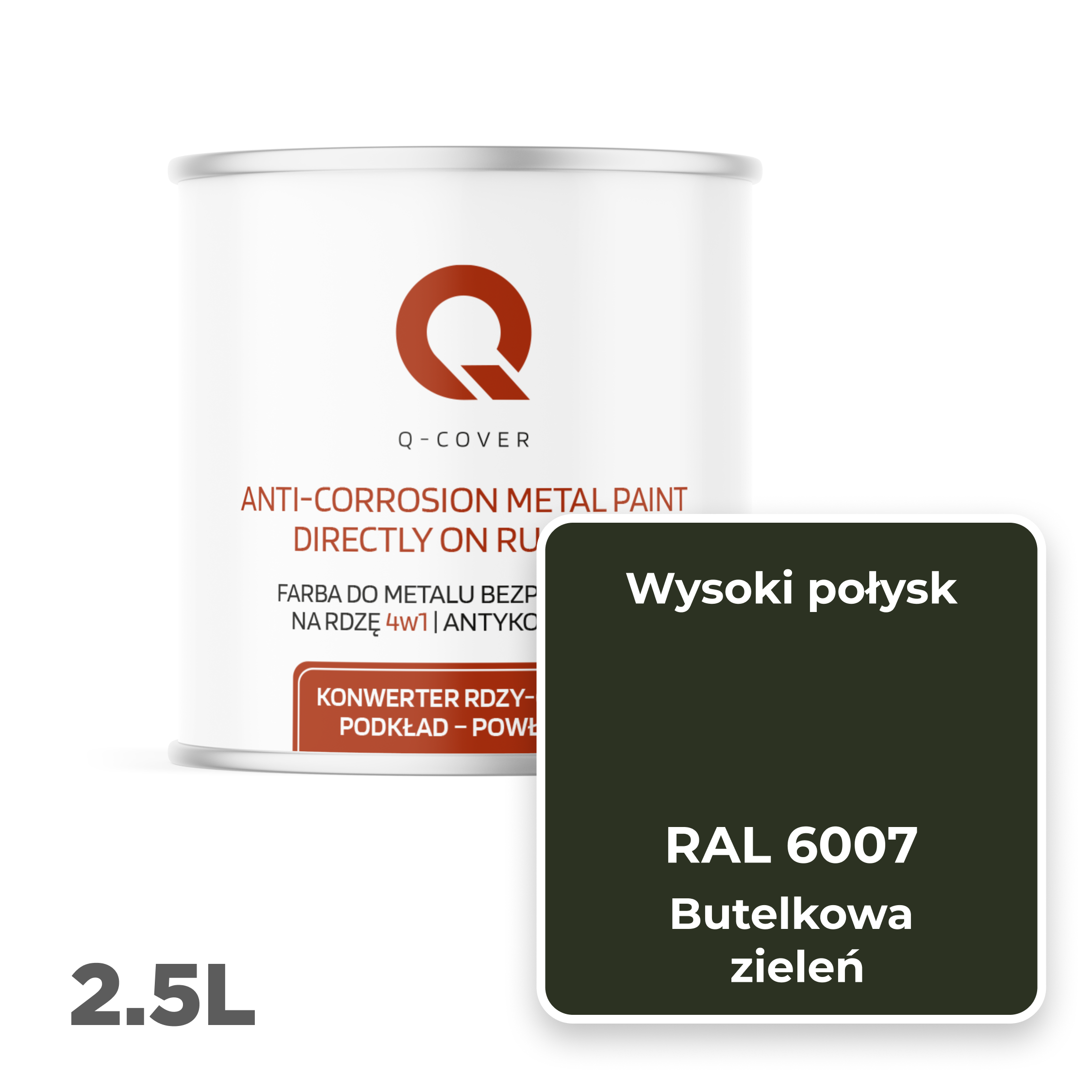Farba do Metalu Prosto na Rdzę 4w1 Q-Cover Butelkowa zieleń RAL6007 Wysoki Połysk 2.5L - 2