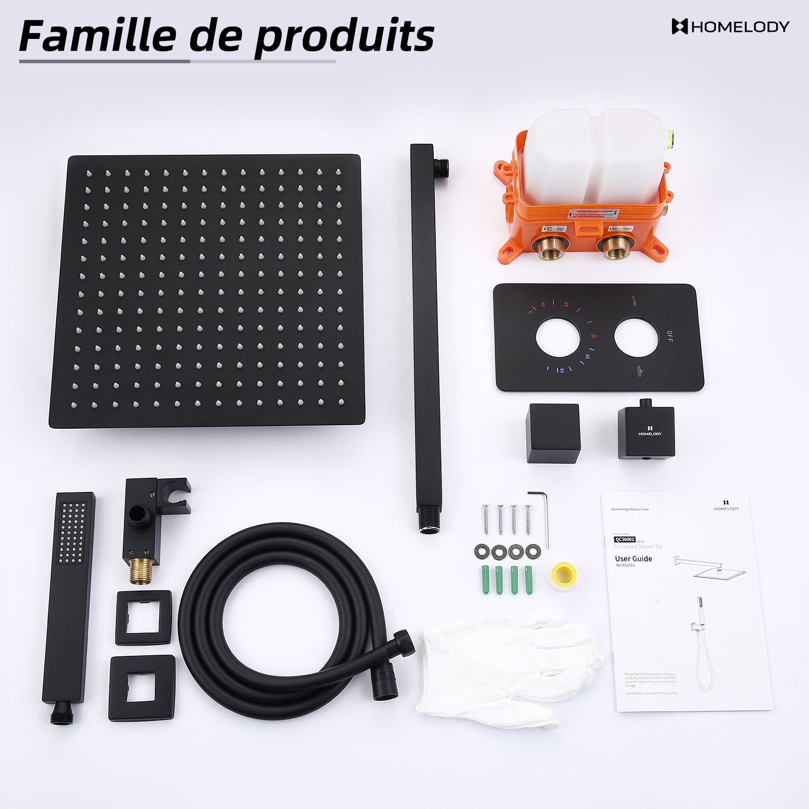 Colonne de Douche Encastrée Noir Système de Douche Thermostat en Laiton avec Tête de Douche Carrée 30*30CM HOMELODY - 9
