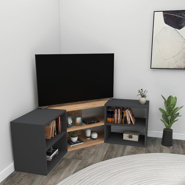 Meuble TV d'angle au design moderne avec compartiments ouverts Chêne et anthracite pour femmes - 3