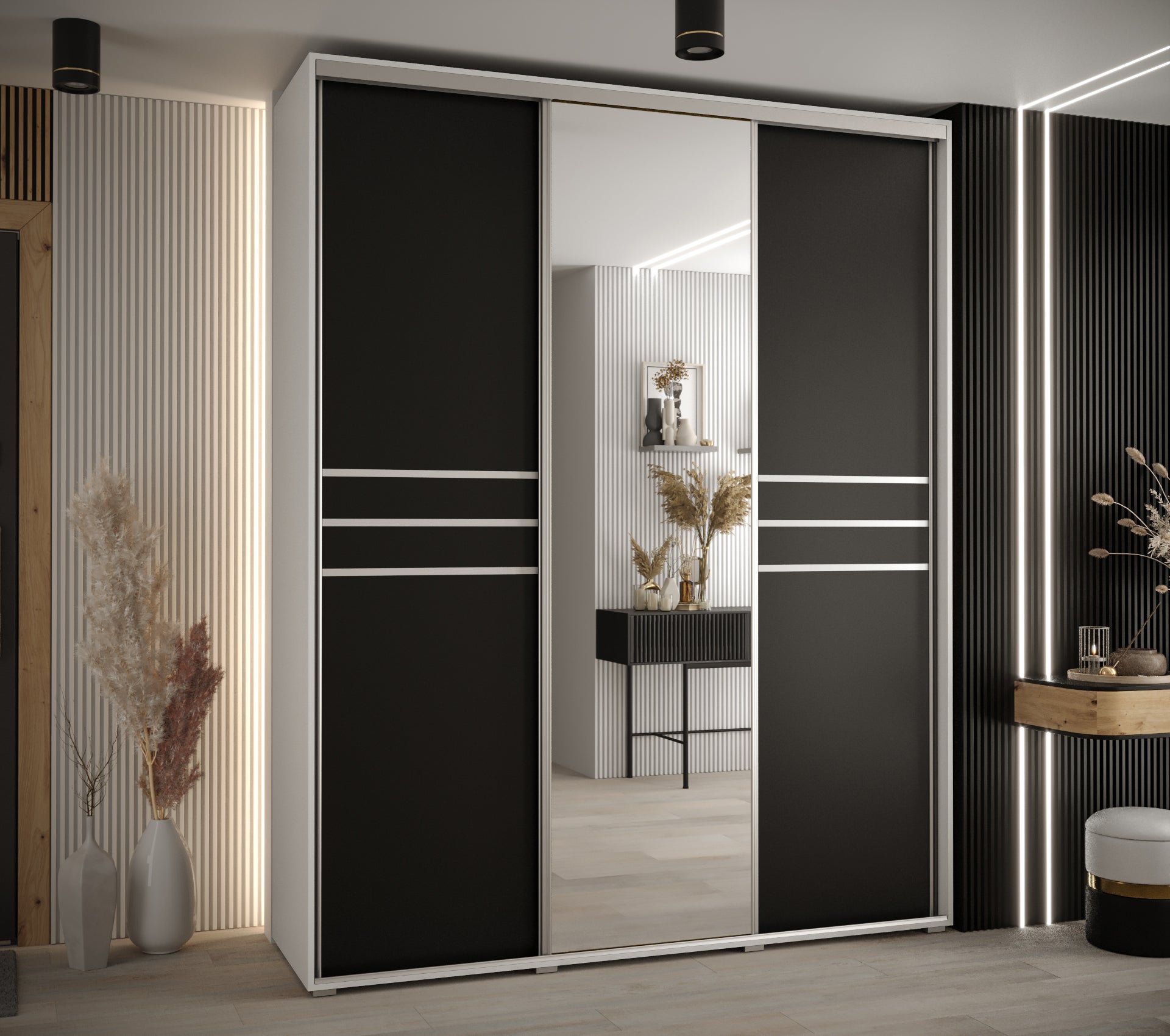 Szafa przesuwna z lustrem wysoka Davos 11 190 x 60 x 235,2 cm biały + czarny + u. srebrny - Abiks Meble - 2
