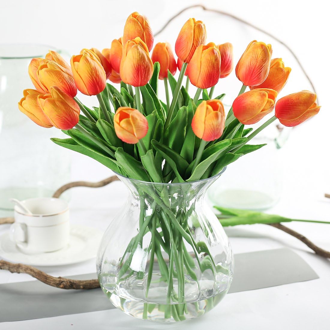Lot de 10 tulipes artificielles en latex, aspect réaliste, couleur orange, idéales pour les bouquets de mariage, la décoration de la maison et du jar - 5