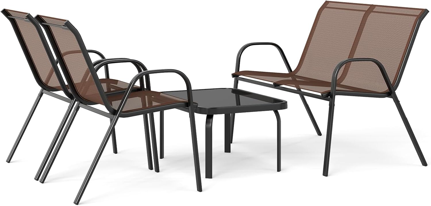 Salon de Jardin 4 Personnes Exterieur, 4 Pcs Canapé Exterieur avec Table Basse en Verre Trempée, 2 Fauteuils, pour Terrasse,Balcon (Brun) - 6