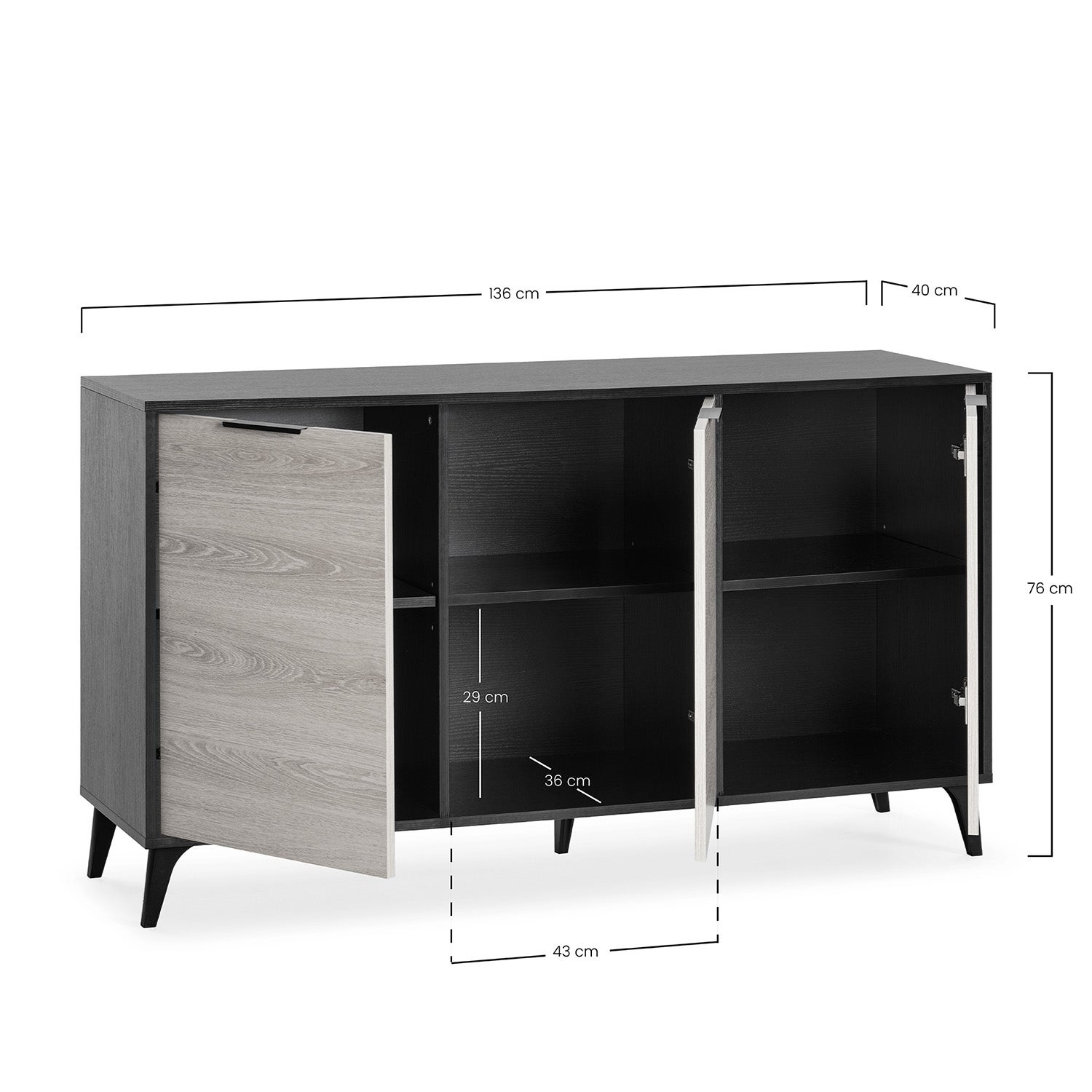 Buffet Kalma 3 portes en noir/chêne, largeur 136 cm - 6