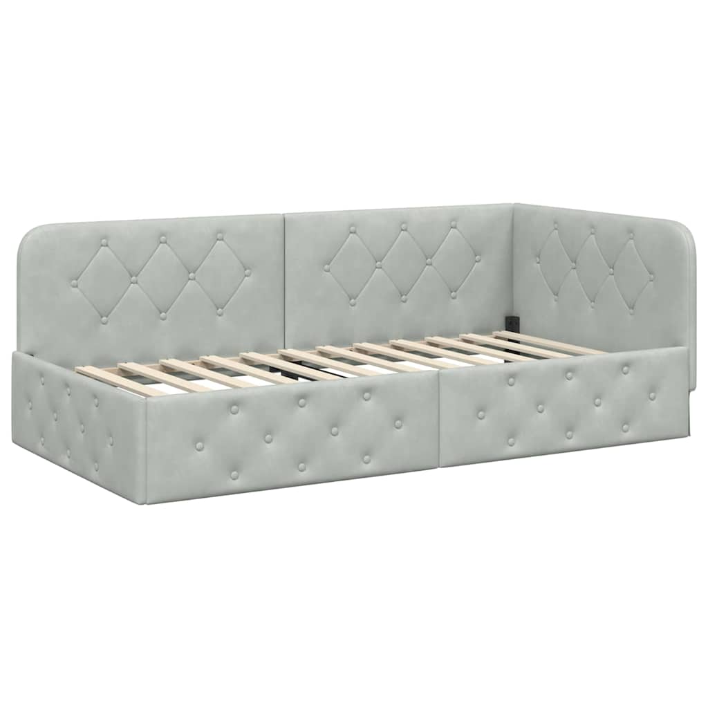 Cadre de lit d'angle en velours gris clair pour la chambre, 90 × 190 cm - 6