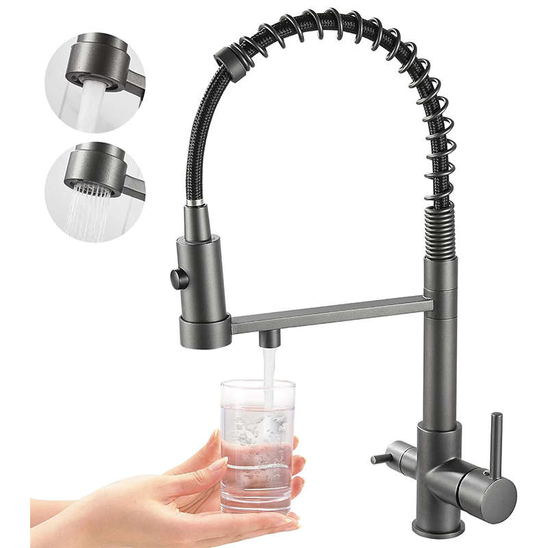 Trójdrożny kran kuchenny, wyciągany kran kuchenny, mosiężny kran do zlewu, bateria mieszaczowa z filtrem do wody 3 w 1 (szara)