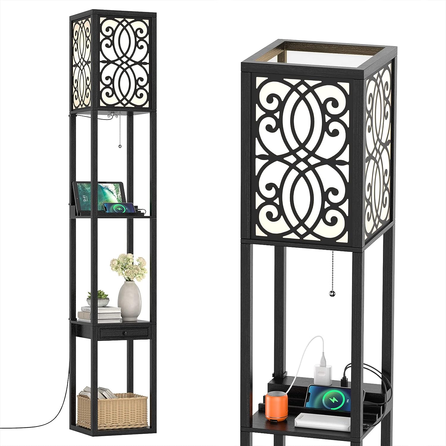 Lampa podłogowa do salonu, 160 cm, E27, z 2 portami USB, drewniana półka, oświetlenie wewnętrzne do salonu i sypialni (żarówka nie jest dołączona)