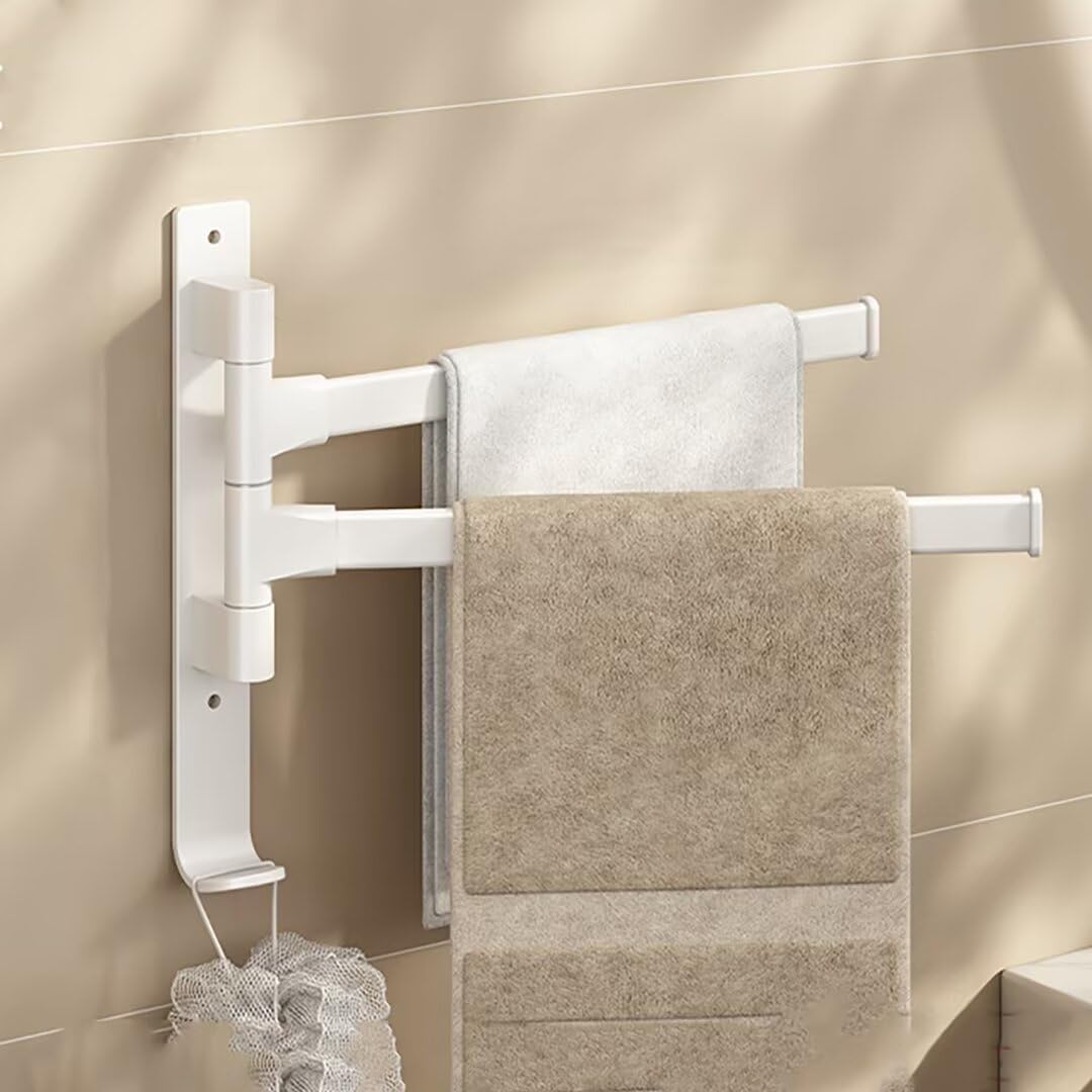 Wieszak ścienny na ręczniki z 2 obrotowymi drążkami 180°, nie wymaga wiercenia, do łazienki i kuchni, biały
