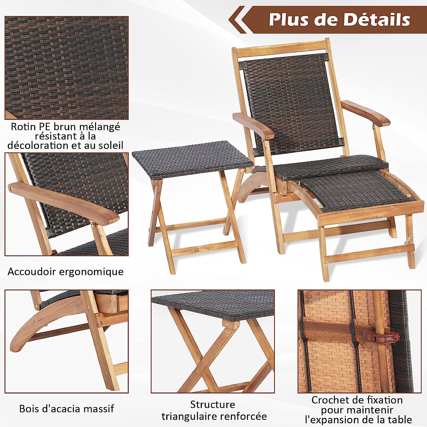 Chaise Longue en Rotin et Bois d'Acacia Certifié FSC Charge 160KG - 4
