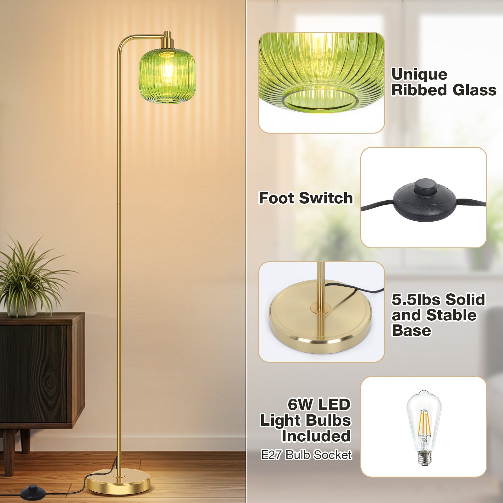 Lampadaire moderne en verre vert – abat-jour cannelé, interrupteur au pied, 170 cm, inclut ampoule LED 9W - 5
