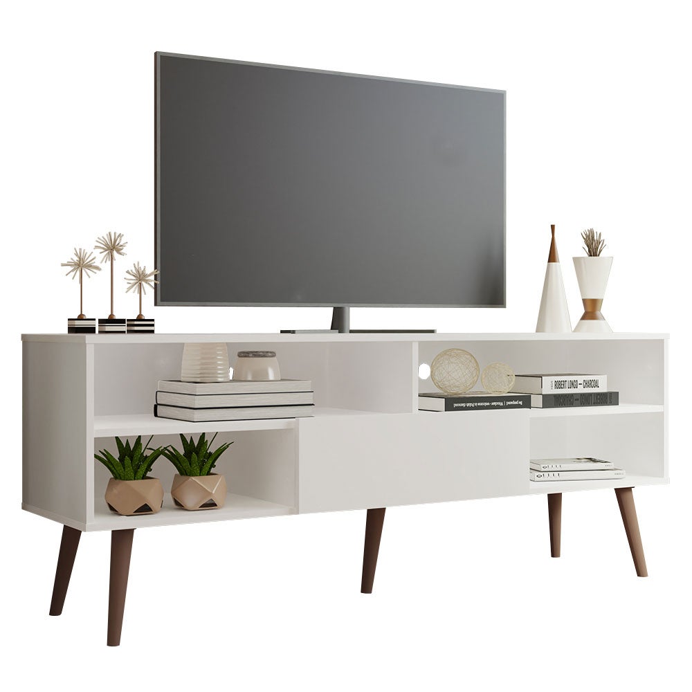 Mobile TV 140 Cm Bianco Per TV Fino A 65 Pollici - Supporto Con 2 Cassetti In Tessuto E 3 Ripiani Aperti, Gambe Regolabili