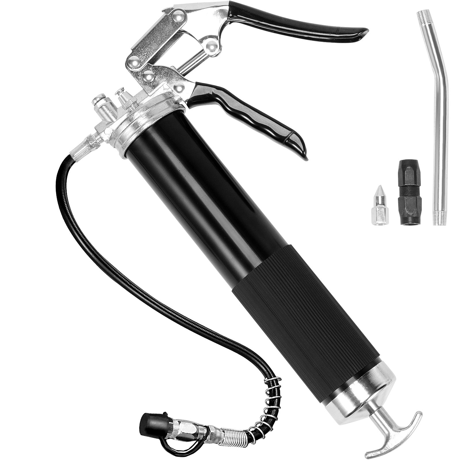 Pistolet à Graisse Manuel, 10000 PSI Pistolet Graisseur Professionnel à Une Main à Levier, Capacité 20,29 Oz 600 CC avec Tuyau Flexible 470 mm, 2 Coupleurs Plats Noirs, Tube Métallique Droit | FR