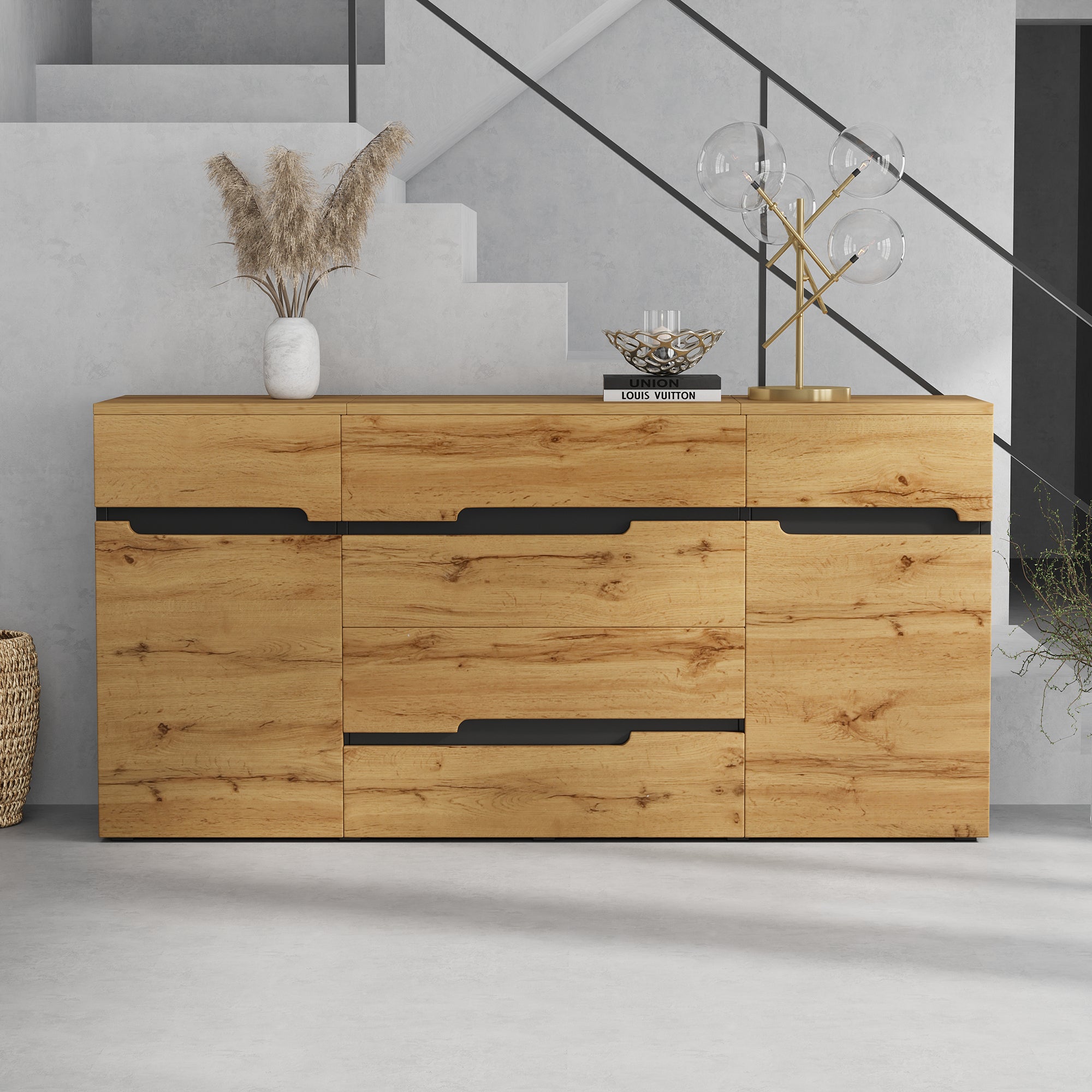 Komoda z 2 drzwiami i 4 szufladami - 160 x 40 x 80 cm - Płyta wiórowa - do salonu, jadalni - Kolor czarny i drewno