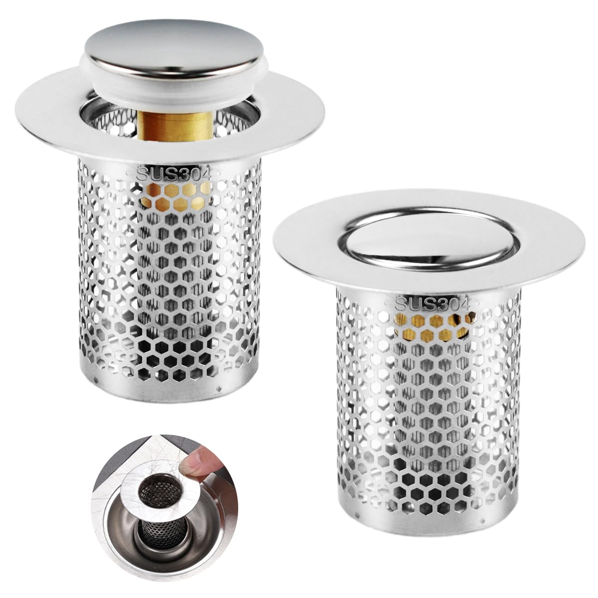 2 sztuki sitka do odpływu, 33 × 50 mm kratka prysznicowa, korek umywalkowy typu pop-up z mosiężnym rdzeniem, do kuchni, łazienki, wanny