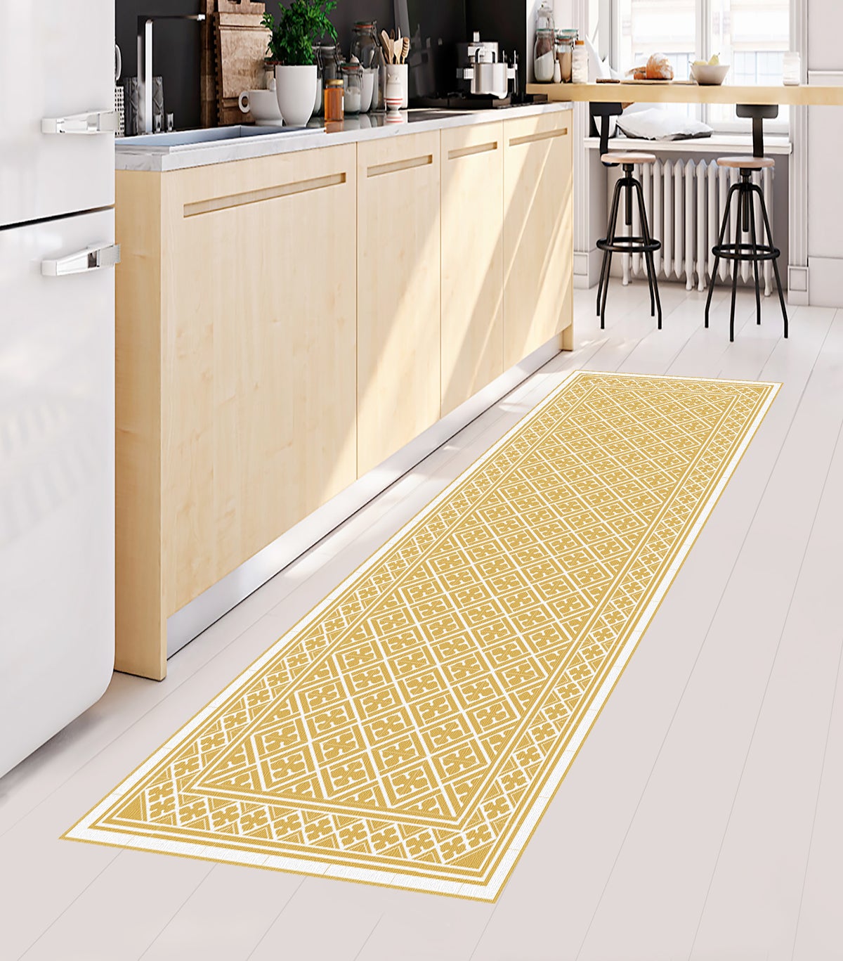 Dywan winylowy Palace mustard 66x150 - antypoślizgowy PVC, winylowy do kuchni lub salonu, zmywalny, styl hydrauliczny