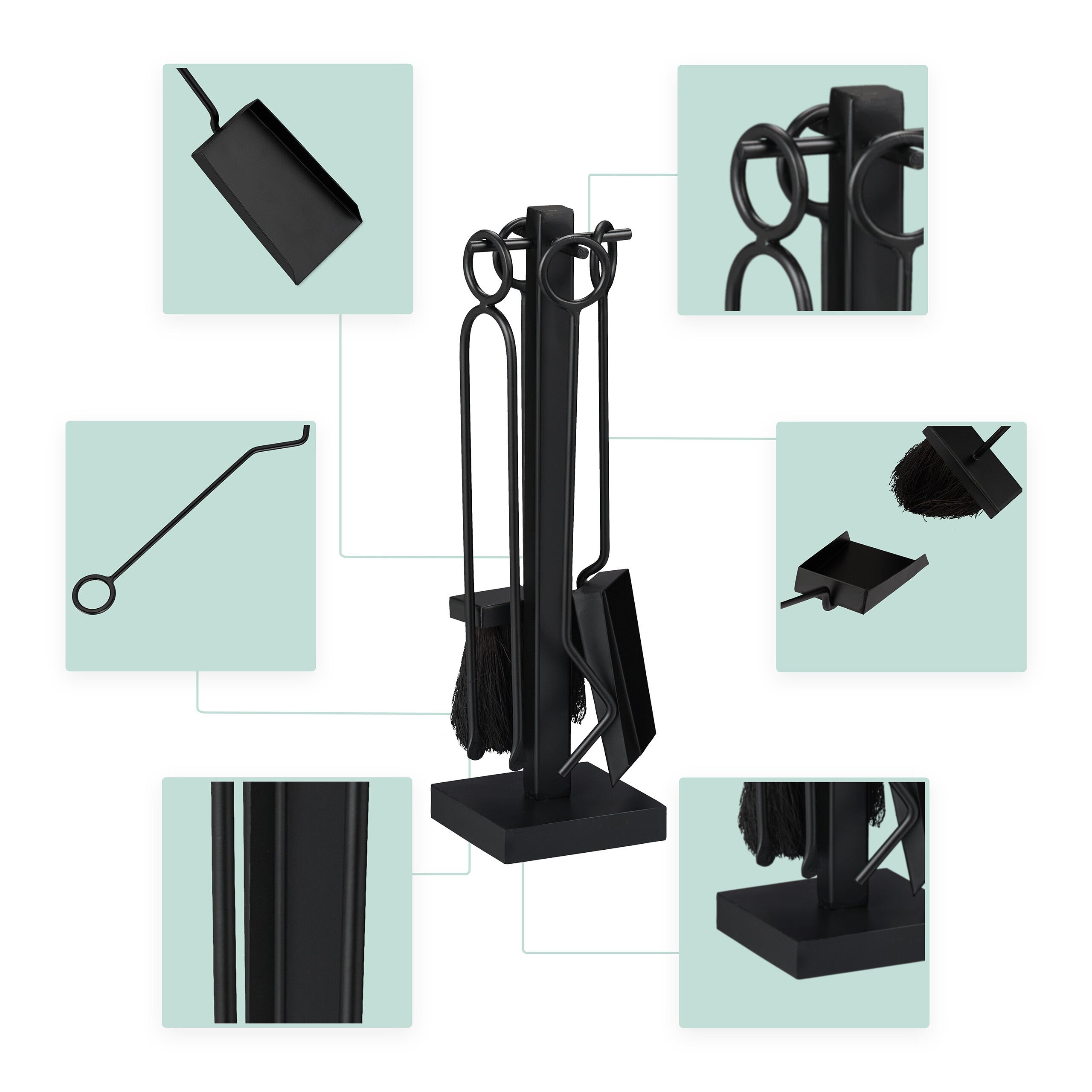 Set 5 Pièces Accessoires Cheminée Relaxdays - Tisonnier, Pelle, Balai, Pince Et Support