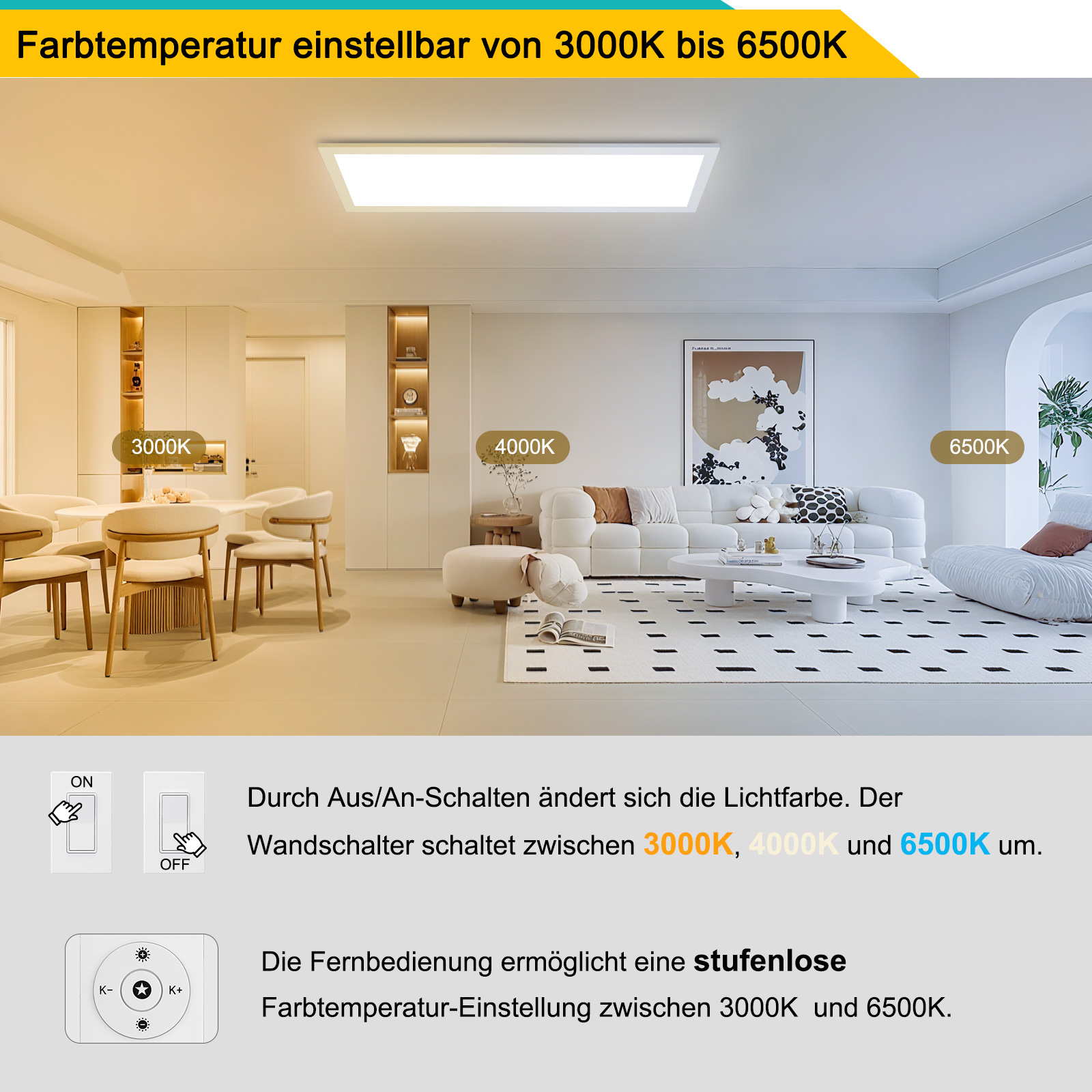 LOVHAUS 24W LED Lampe de Salon Avec Télécommande 2400LM, Panneau LED de Salon Dimmable 3000K-6500K, 58x20CM LED Plafonnier de Salon Avec Veilleuse - 7