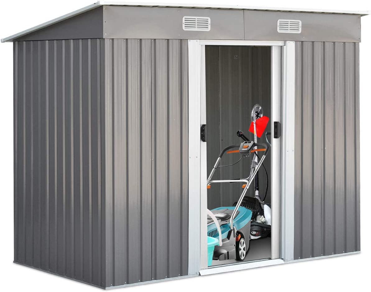 Metalowy Domek Ogrodowy, 238 x 131 x 181 cm, z 2 Drzwiami Przesuwnymi, Szopa na Narzędzia do Użytku Zewnętrznego z Dachem Jednospadowym