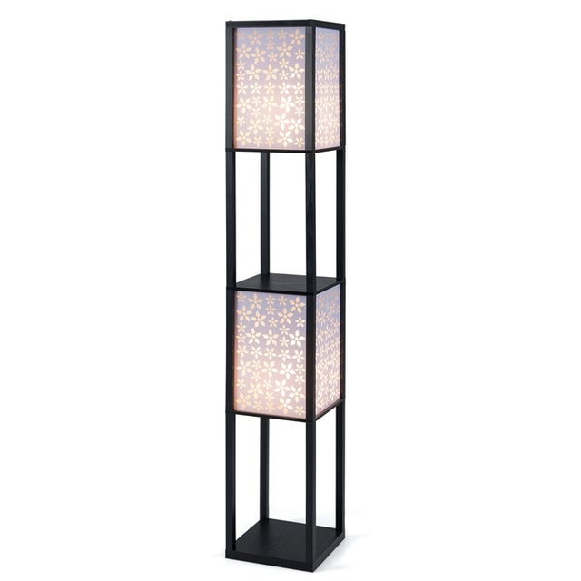 Lampa Stojąca z Regałem 156 cm, Nowoczesna Lampa Stojąca do Salonu, Abażur w Kwiatowy Wzór, Żarówka E27, do Salonu, Sypialni lub Gabinetu