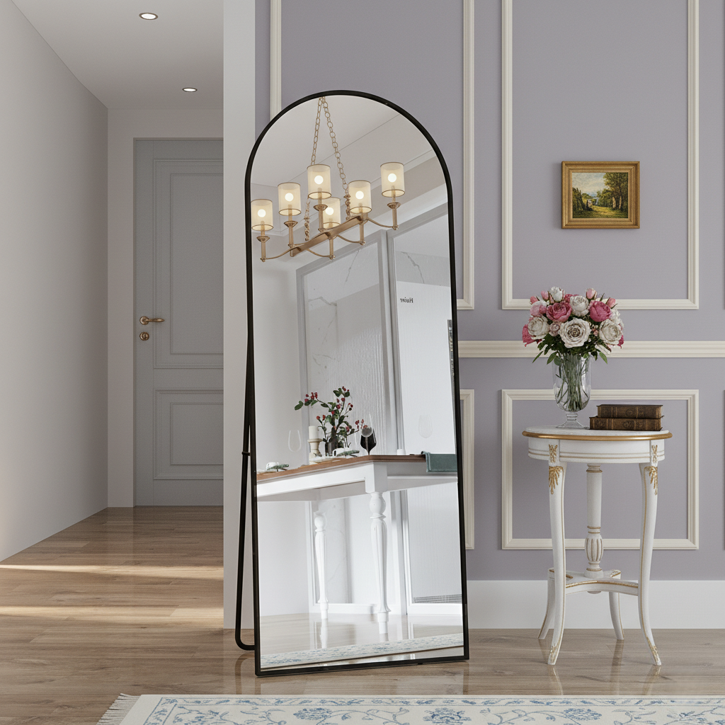 Miroir rond sur pied 162x53 cm - avec cadre en métal, grand miroir sur pied HD pour salon, chambre et dressing - Noir - 4