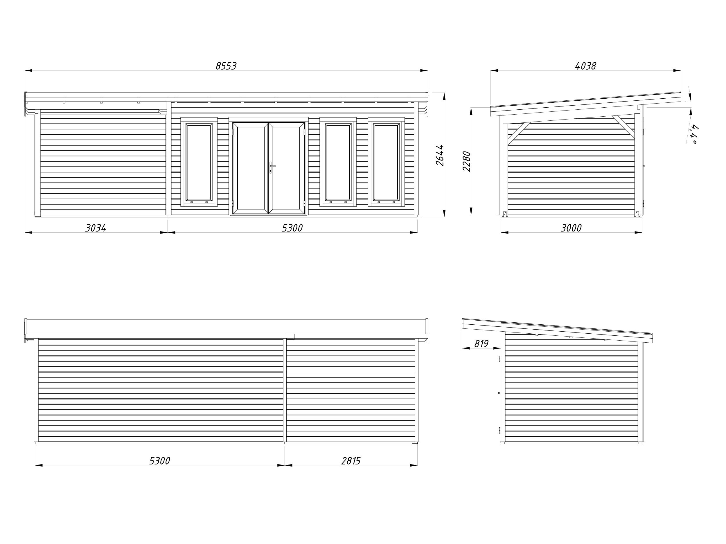 Studio de jardin en bois avec pergola Aurelia - PALMAKO - Ep.44 mm - 833x300 cm - 24,2 m² - Double vitrage trempé - 5