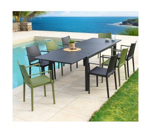 Ensemble table et chaises de jardin - 8 places - Gris et Vert Olive- GUETHAROS