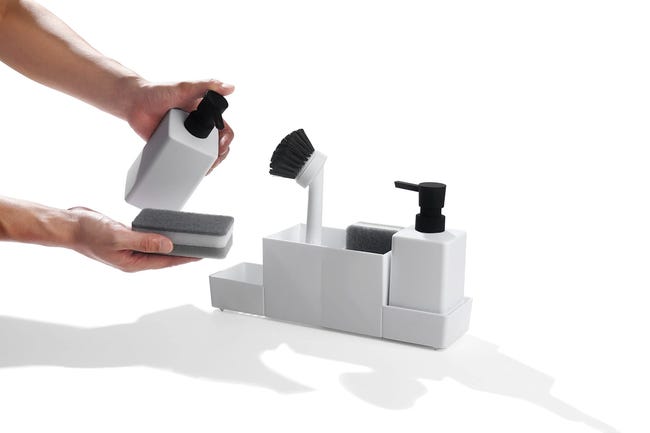 Dispenser Sapone Con Portaspugna - Per Cucina E Bagno - Design Moderno In Resina - Colore Bianco - Foto 7