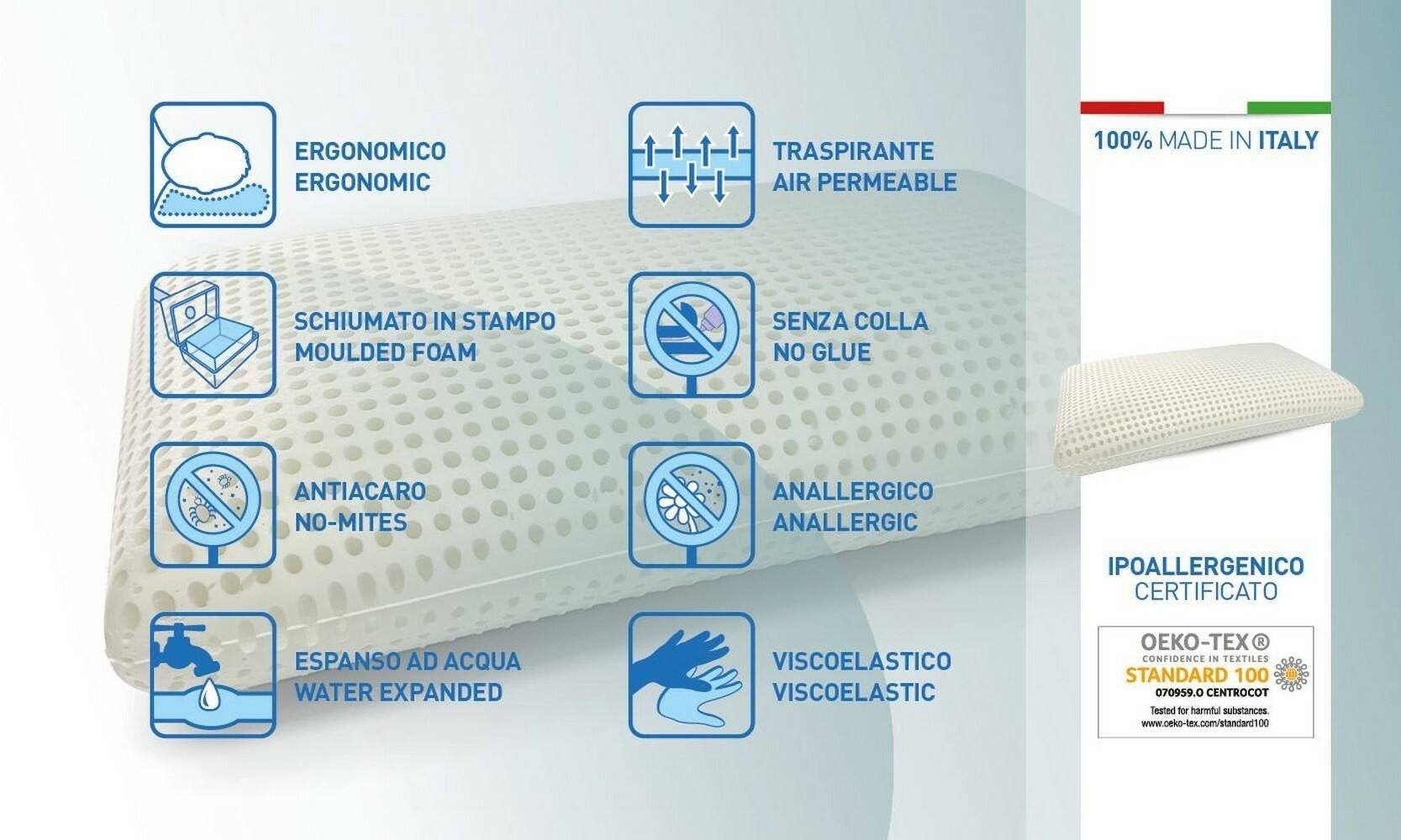 Talamo Italia Set of 4 Pillows for bed, 100% Made in Italy, Ergonomic 