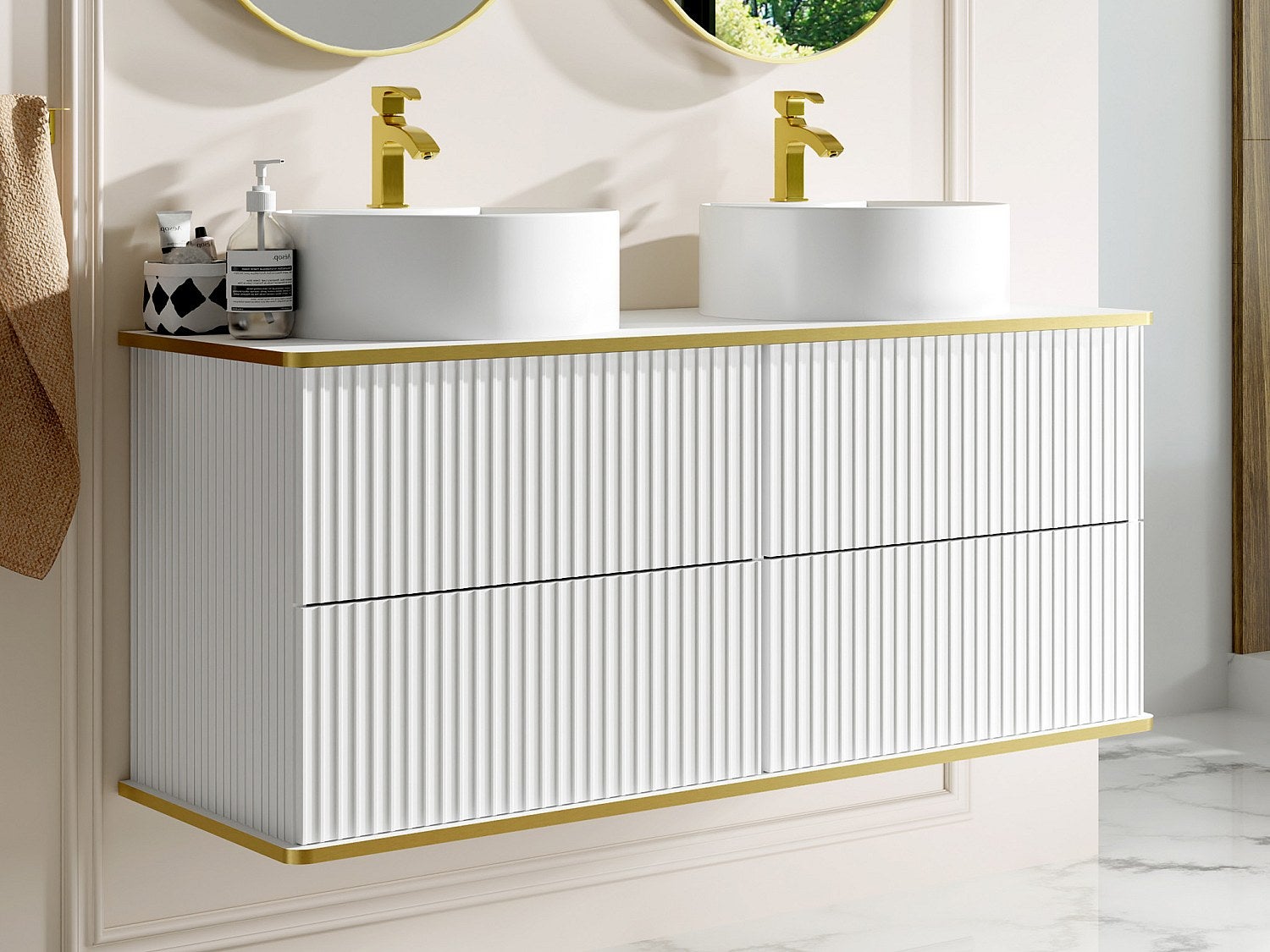 Szafka łazienkowa wisząca ryflowana ze złotą listwą i dwoma okrągłymi umywalkami nablatowymi - Biały - 120 cm - KELIZA