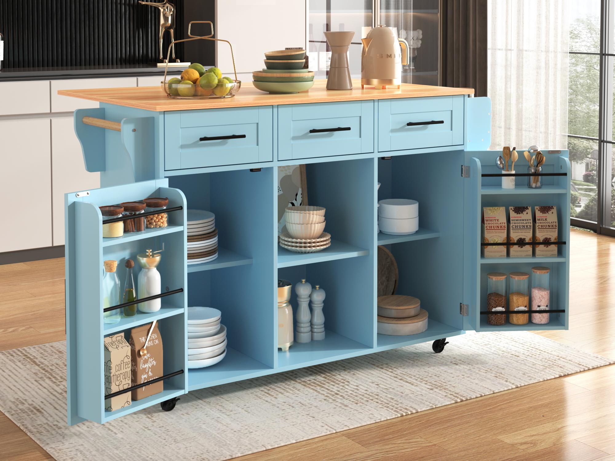 Wózek do serwowania ze składaną ladą - 3 szuflady i drzwiczki do przechowywania - nogi drewniane lub na kółkach - Niebieski