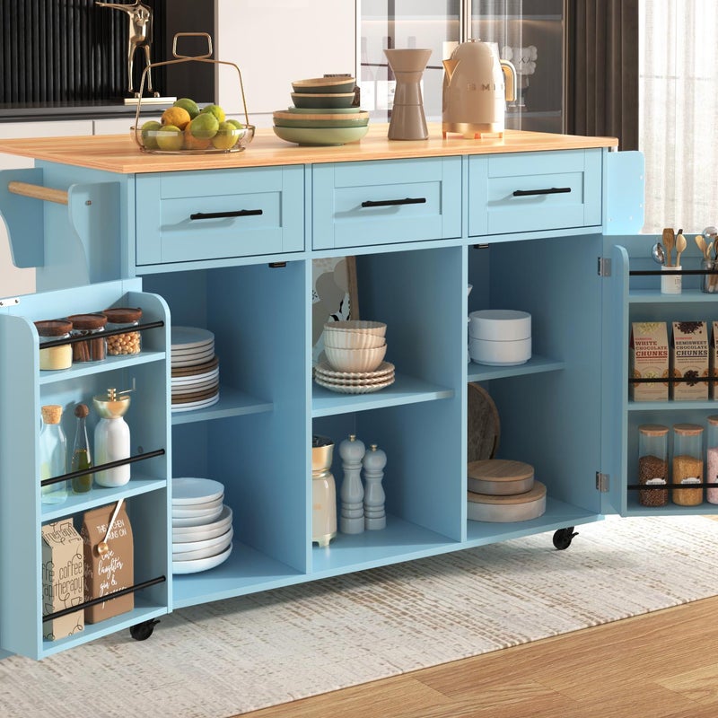 Wózek do serwowania ze składaną ladą - 3 szuflady i drzwiczki do przechowywania - nogi drewniane lub na kółkach - Niebieski